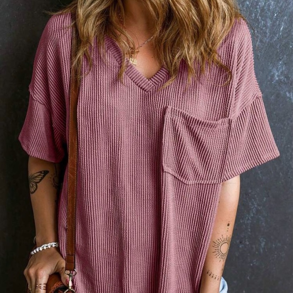 Women's SHEIN Ribbed Pink V-Neck Top